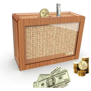 Wooden Piggy Bank for Adults & Kids $5000 Savings Challenge Money Box with Counter & Numbers Brown Motivational Decorative Coin Bank for Home Office