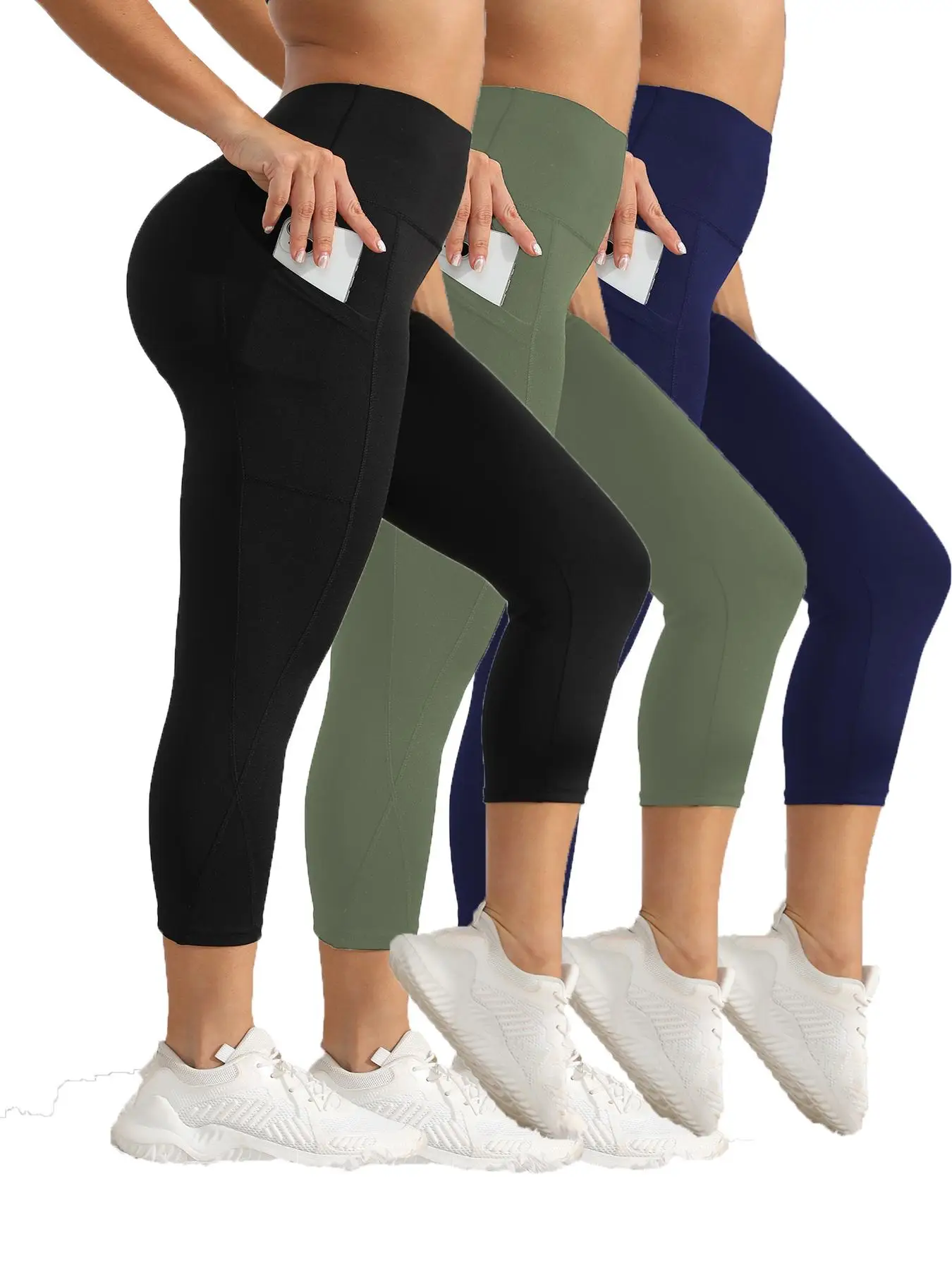 Women's Solid High Waist Sports Leggings, Breathable Comfortable Pocket Skinny Capris Pants, Ladies Sportswear for Indoor Outdoor Wear