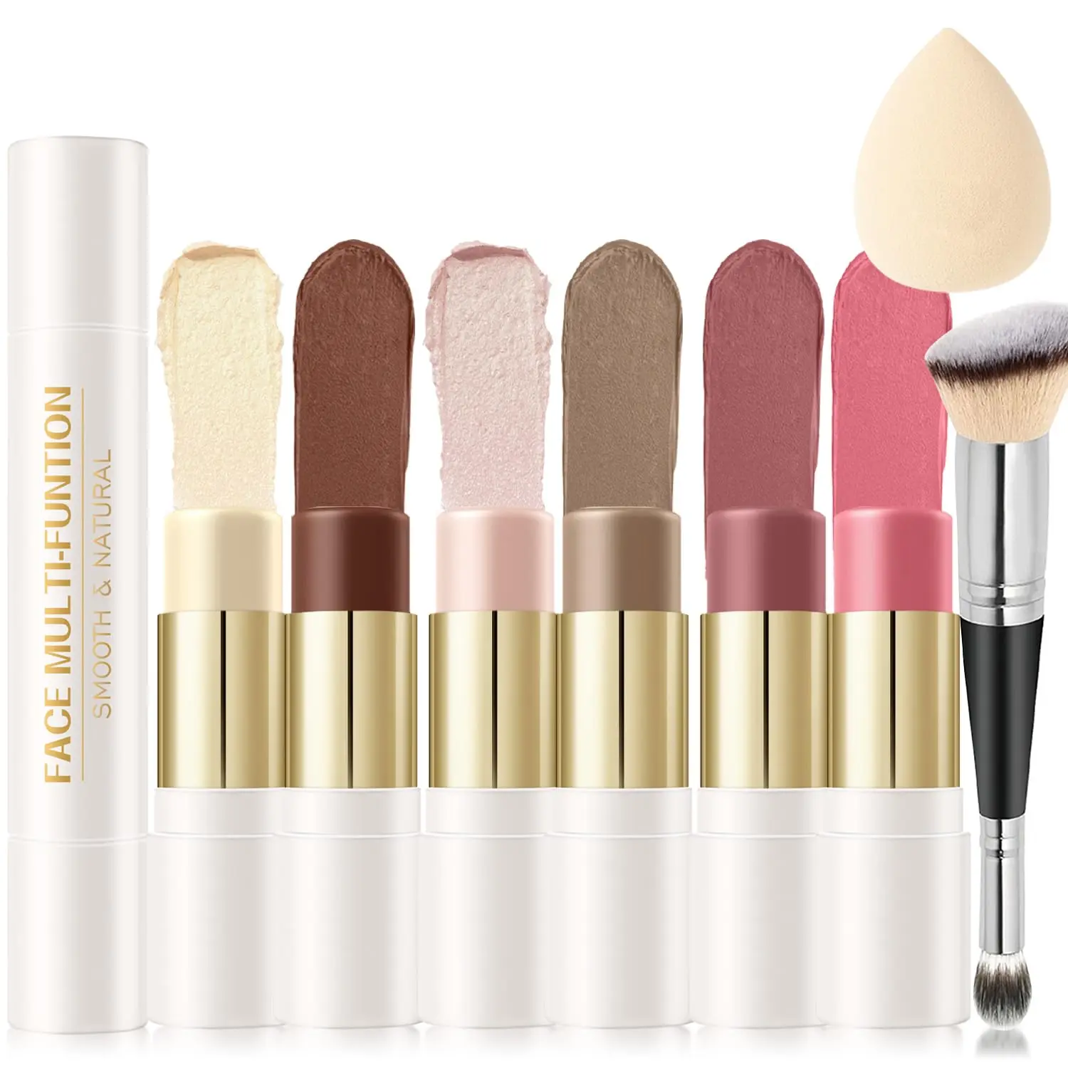 6-Color Moisturizing Cream Contour Stick Kit - Double-Ended with Bronzer, Blush, Highlighter & Brush, Smudgeproof Blendable Shade for Seamless Sculpting, Compact Long-Lasting Lightweight for All Skin Types, Beauty Product