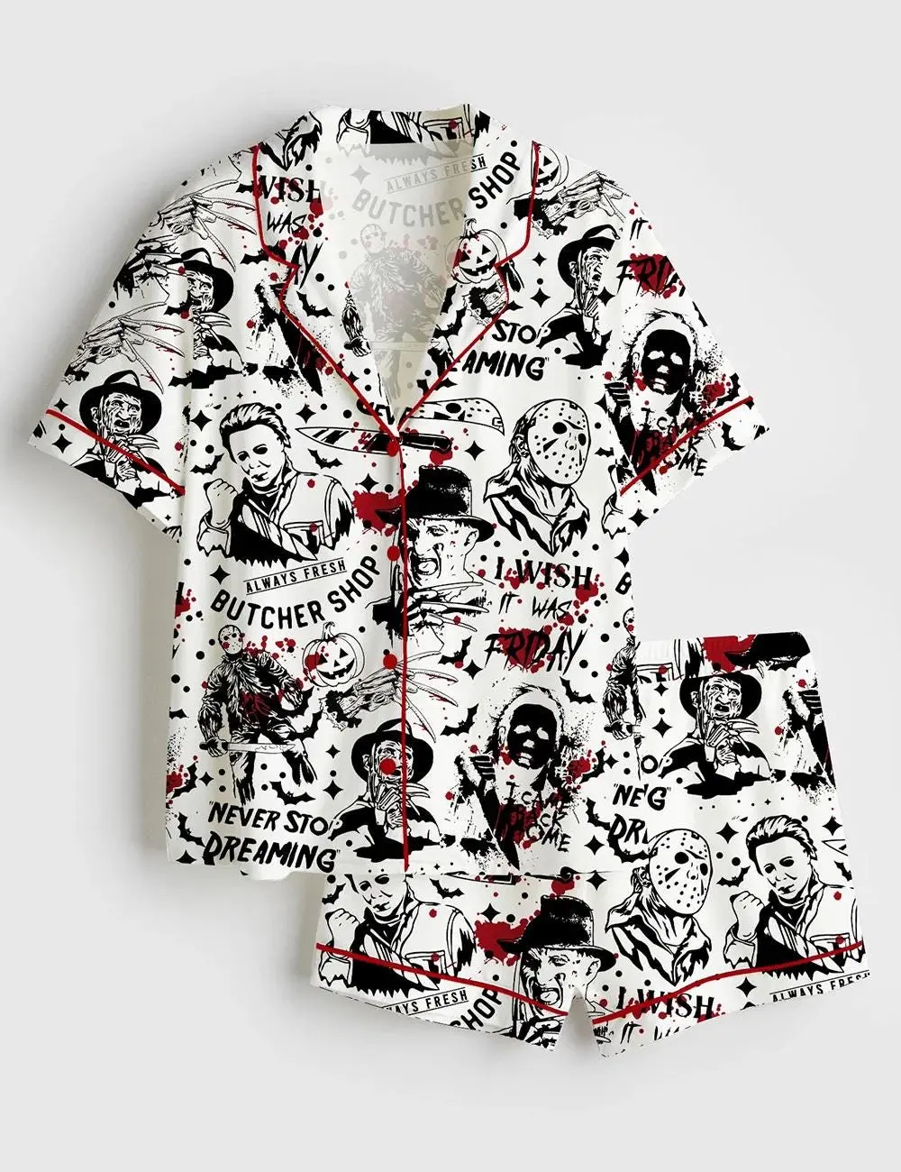 Halloween Horror Satin Pajama Set, Spooky Sleepwear, Unisex Short Sleeve Pajamas, Scary Halloween Gift for Men and Women