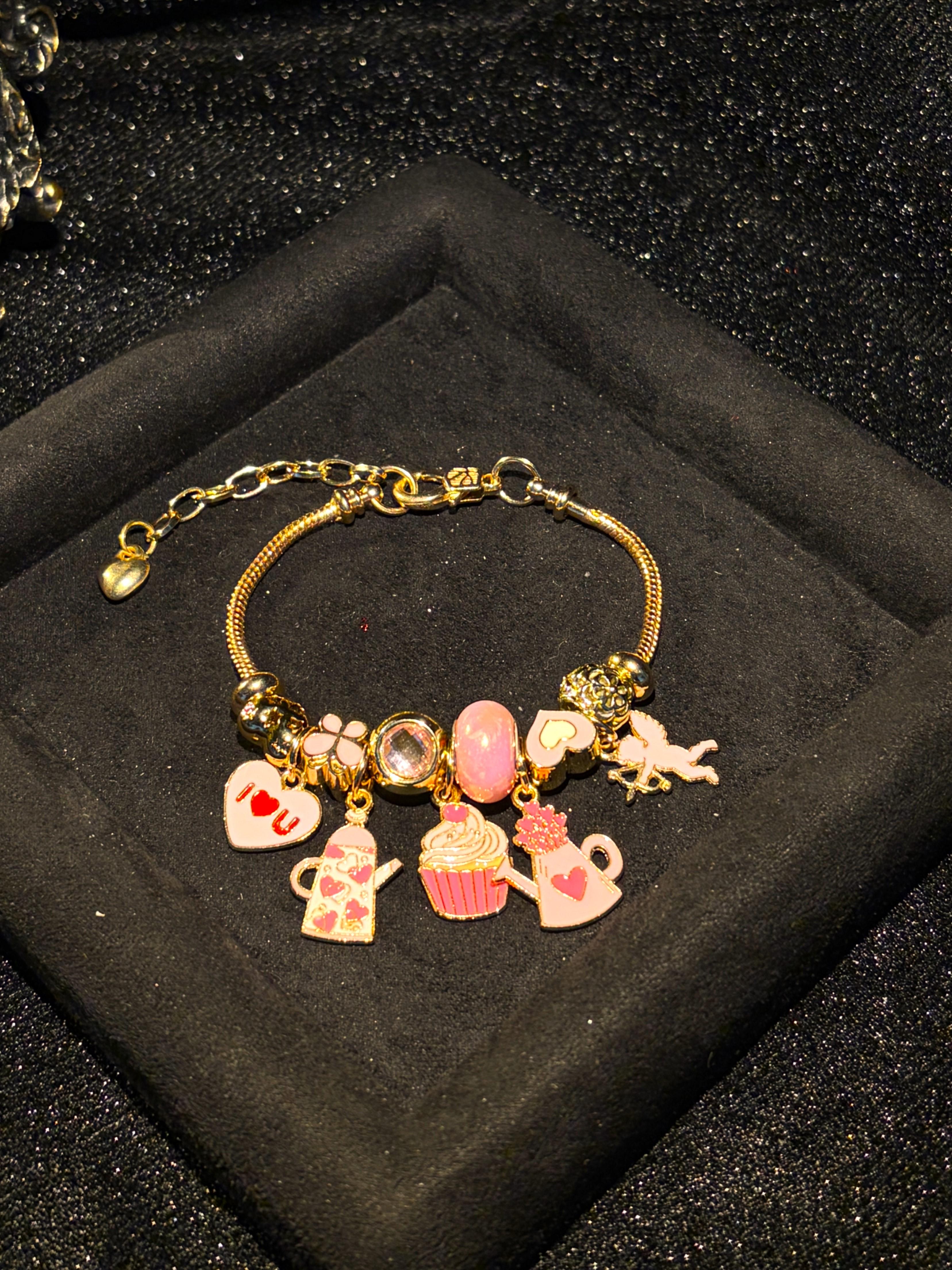 Women's Gold-Tone Charm Bracelet - Adjustable Costume Jewelry with Sweet Pink Cupcake, Teapot Beads & Romantic Heart Angel Pendant, Gift for Women
