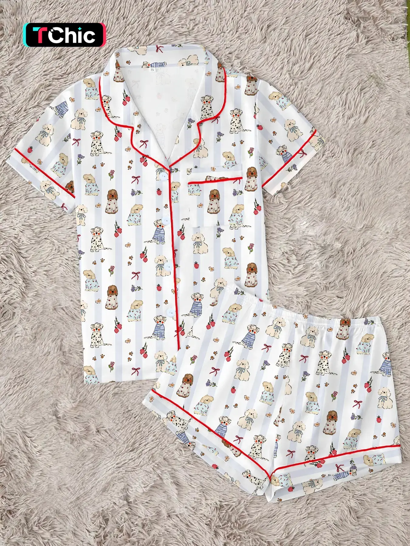 Women's Cute Striped Dog Farmhouse Pyjamas Set, Two-Piece with Collared Shirt and Pants, Short Sleeve and Shorts, Party Wear