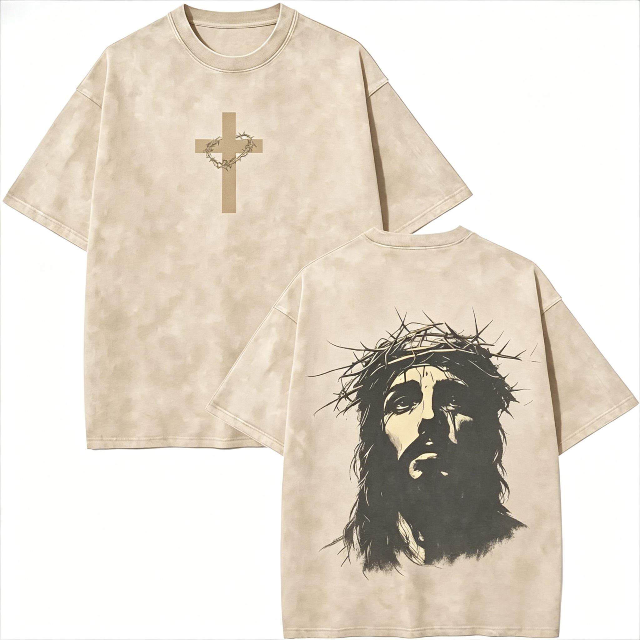 Jesus Crown of Thorns Washed Tshirt, God Apparel Tee, Easter T-Shirt, Jesus T-Shirt, Easter Streetwear, Christian Apparel Graphic Tees, Gym Pump Cover Casual Round Neck