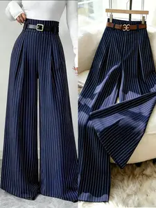 Women's New Navy Striped Suit Pants, High Waist Elegant Fashion, Elastic Waist Straight Leg Loose Wide Leg Pants, Casual Daily Commute, Womenswear