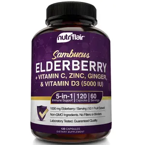 NutriFlair Elderberry, Zinc, Vitamin C & D3, Immune Health Support Supplement, Antioxidant Formula, Natural Dairy-Free & Vegan-Friendly - 120 Capsules