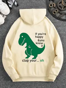Playful Interactive Men's Hooded Sweatshirt Featuring a Cute Cartoon Dinosaur and the Classic "If You're Happy and You Know It" Lyrics for a Fun and Nostalgic Streetwear Look That Sparks Joy