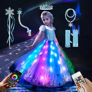 UPORPOR Blue Light-Up Princess Dress for Girls – 100+ LED Modes, Music Sync,Christmas Halloween Winter Costume with Accessories (Ages 3-9), No Include Batteries