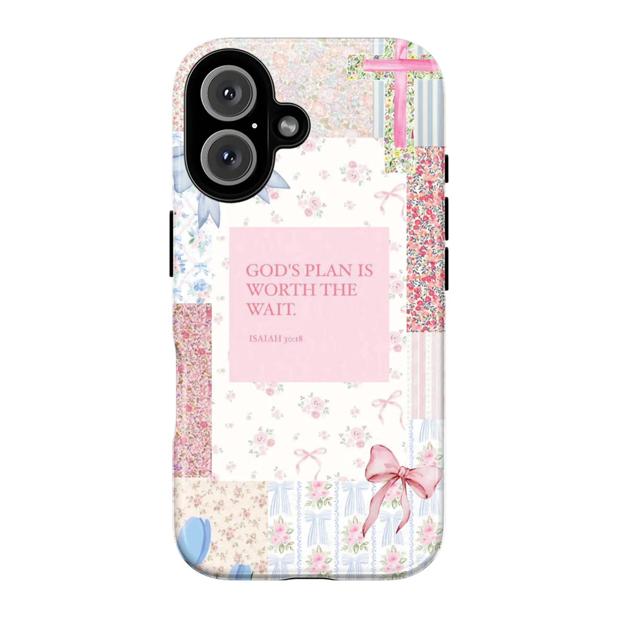 God's Plan Isaiah 30:18 Bible Verse Phone Case - Cute Patchwork Floral Bow Preppy Aesthetic Cottagecore Cover for iPhone 17 Pro Max 16 Plus 15 14 13 12 11 Air & Samsung Galaxy S25 S24 S23 S22 S21 Ultra - Christian Gift for Her, Mom, Birthday