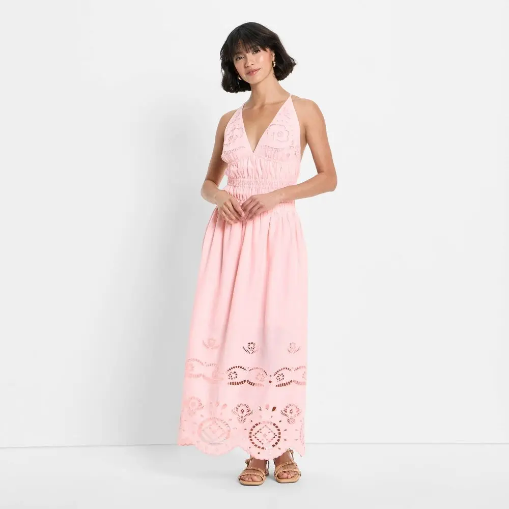 Women's Eyelet Maxi A-Line Dress - Future Collective Light Pink S