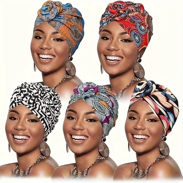 African Turban Headwraps for Women, 5-Pack Pre-Knotted Boho Beanie Scarves, Universal-Fit Multicolor Cultural Wear, Boho Hair, Bandana Style, 5Pcs, African Heritage Statement Head Scarves, Ethnic, Female, Scarf Style, African Headwrap Head Scarves