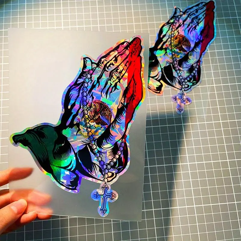 Holographic Carbon Effect Mexican Style Prayer Gesture Sticker, Hologram Stickers, Reflective Motorbike Sticker, Personalized Modification Decoration, Motorcycle Decoration for Motorbike Front Fairings, Bodywork, Car Windows, Bumpers, Decal, Car Decals