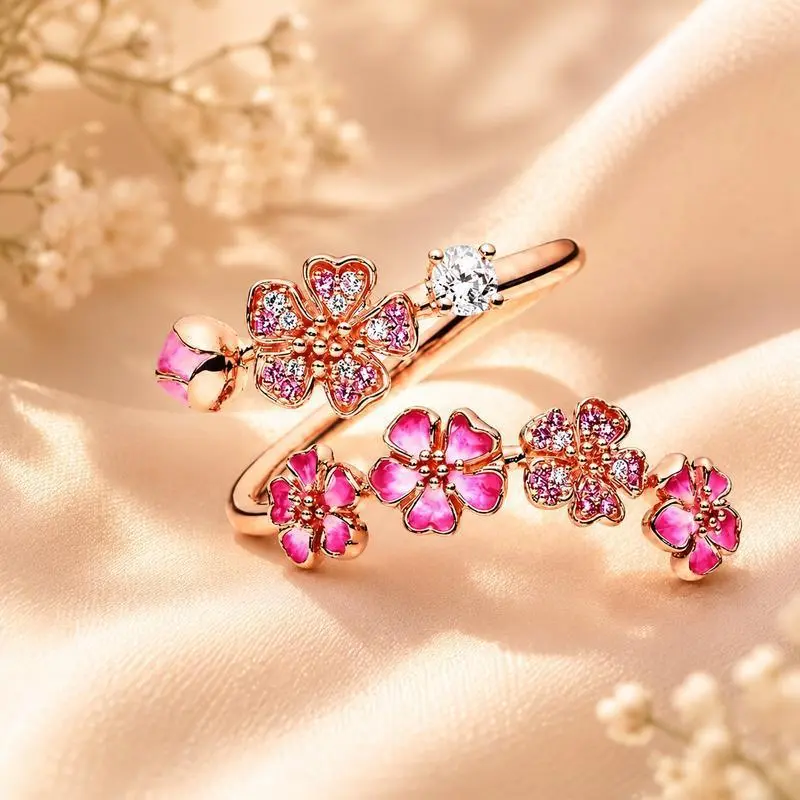 #JY Peach Blossom Ring for Women, Pink Cherry Blossom Adjustable Ring, Floral Open Wrap Band Jewelry, Sparkling Cubic Zirconia Flower Ring, Bridesmaid Wedding Jewelry, Minimalist Everyday Accessory, Birthday Anniversary Gift for Her