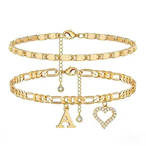 Initial Ankle Bracelets for Women Dainty Layered Figaro Chain Letter Initial CZ Heart Ankle Waterproof Golden Plated Bracelets Set Summer Beach Jewelry for Women