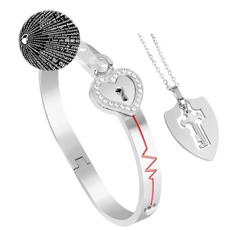 Heart Lock Bracelet & Key Necklace Set with "I Love You" In 100 Languages Key Pendant Necklace for Men and Women gf bracelet blue jewelry imperial galentines day gift unisex design Heart Lock Bracelet & Key Necklace Set with "I Love You" In 100 Languages Key Pendant Necklace for Men and Women gf bracelet blue jewelry imperial galentines day gift unisex design