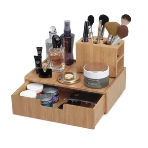Bamboo Makeup Vanity Organizer Set | Cosmetic Storage Drawer & 5-Slot Brush Holder Combo | Professional Beauty Station