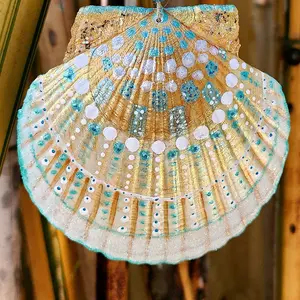 Golden Handpainted scallopshell - beachy coastal decor ornament wall hanging
