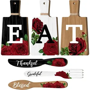 6 Pcs Cutting Board Kitchen Decor Red Rose Eat Sign Set Wooden Kitchen Knife Fork Spoon with Thankful Grateful Blessed Hanging Sign Rustic Farmhouse Wall Art for Spring Wedding Home Decoration
