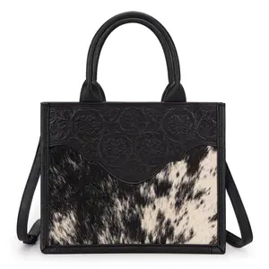 Trinity Ranch Hair On Cowhide Floral Tooled Concealed Carry Tote/Crossbody Bag for Women