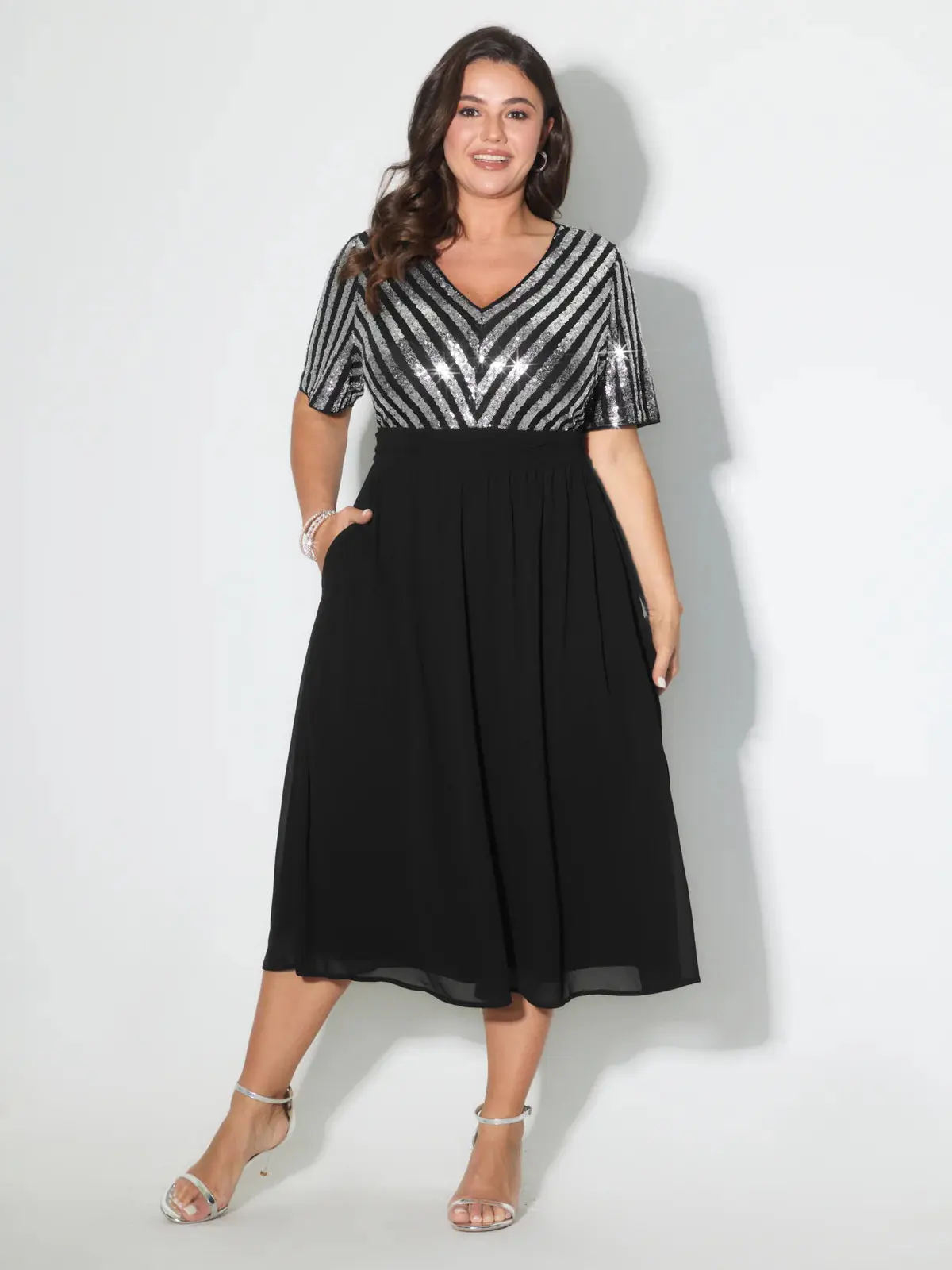 Bloomchic #271 Striped Sequin V-Neck Contrast Midi Dress