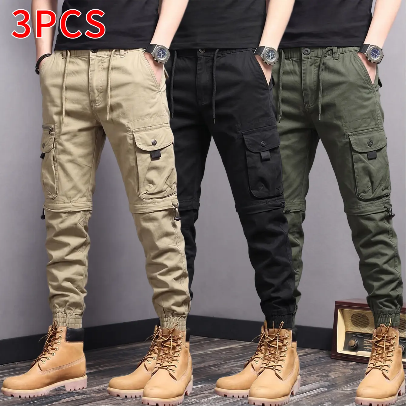 3-pack men’s slim-fit outdoor casual cargo jogger pants, pure cotton, wear-resistant, drawstring waist with snap button closure, large pockets