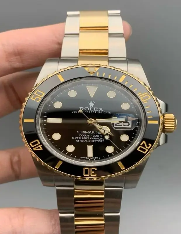 ‮ xeloR  ‬Two‑Tone Luxury Men Dive Watch, Black Dial, Black Ceramic Bezel, Oyster Bracelet Automatic Wrist Watch