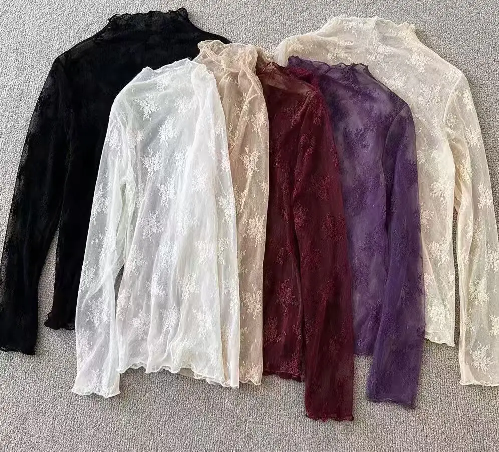 Women's 6-Pack 2026 Floral Lace Mesh Long-Sleeve Tight-Fit Innerwear Top - Elegant, Stretchy Fabric, Soft, Breathable, Lightweight, Spring-Autumn Layering, US-Designed Sports Essential, Back to School Gift