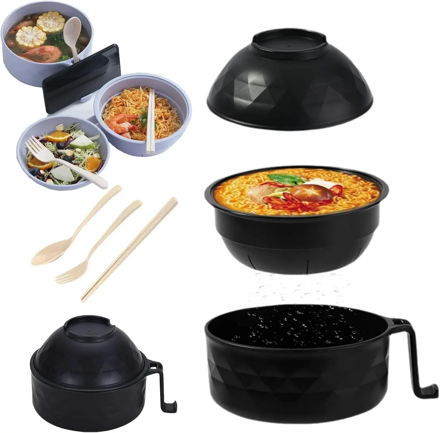 Ramen Noodle Bowl Microwavable - 40oz Big Ramen Cooker with Strainer Lid Handle Spoon Fork Chopsticks for Home Dorm Office Use - Microwave Soup Bowl Dishwasher Safe