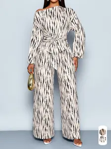 Women's Elegant Casual Print Jumpsuit, Long Sleeve High Waist Tie Front, All Seasons Fashion, Fitted Butterfly Knot Wide Leg Pants