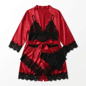 Women's 4-Piece Satin Pajamas Set, Floral Lace Lingerie Sleepwear with Long Robe Nightgown Loungewear Womenswear Elegance Style