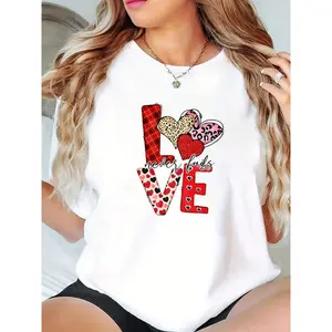 Love Heart Printed T-Shirt, Women's Casual Short Sleeve, Soft And Breathable Suitable For Outdoor Sports Comfortable Clothing Round Neck Top