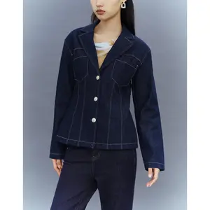 URBAN REVIVO 2026 Spring Women's Minimalist Casual Fitted Notch Lapel Cotton-Polyester Denim Blazer, Long-Sleeve Basic Clothes with Cotton-Polyester Fabric, UWG840063