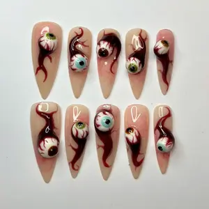 HelenNails – 3D Eyeball Press On Nails In Long Stiletto Shape, Bloody Horror Nail Art For Halloween, Cosplay Or Spooky Festival – HL917