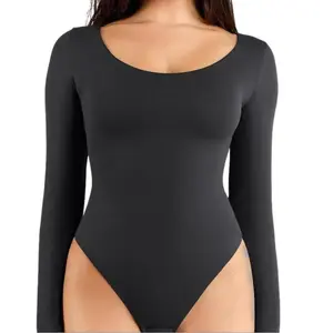 Popilush The Shapewear Bodysuit Seamless Scoop-Neck Long-Sleeve Bodysuits Comfortable Womenswear-live Black Fabric