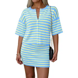 Womens Two Piece Skirt Set Summer Striped Knit Short Sleeve Button Cardigans And Mini Skirt Lounge Set
