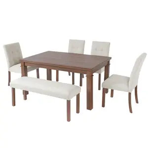 6-Piece Modern Dining Set Rectangle Table with 4 Upholstered Chairs & Bench Faux Marble Design High-Quality MDF Solid Rubber Wood Legs Easy Assembly Space Saving Ideal for Dining Room Living Room
