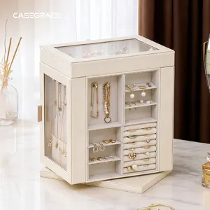 Casegrace 360° Rotating Jewelry Cabinet 5-Tier Drawer Organizer with Divided Compartments, Double Side Crystal Clear Visible Necklaces Storage & Modern Home Decor Ultimate Christmas Gift for Her
