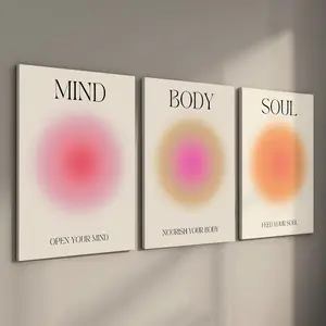3 Counts Wood Framed Canvas Mind Body Soul Aura Wall Art, Hanging Wall Art, Ready To Hang, Spiritual Wall Decor, Pink Decor, Waterproof Canvas Wall Art, Artwork Wall Painting For Gift, Wall Picture for Living Room, Bedroom, Wooden Wall Art