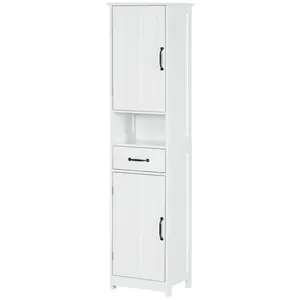 kleankin Slim Bathroom Storage Cabinet, Tall Bathroom Cabinet, Linen Tower with Open Shelf, Drawer, Recessed Doors, and Adjustable Shelves, White