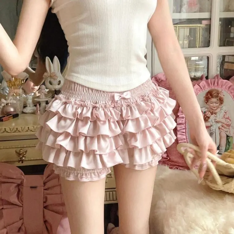 Women's Ruffle Bubble Shorts with High Waist and Lace Trim, Soft Ballet Style Polyester for Beach Outfits, Blouses, Bottom, Lady, Stretchy