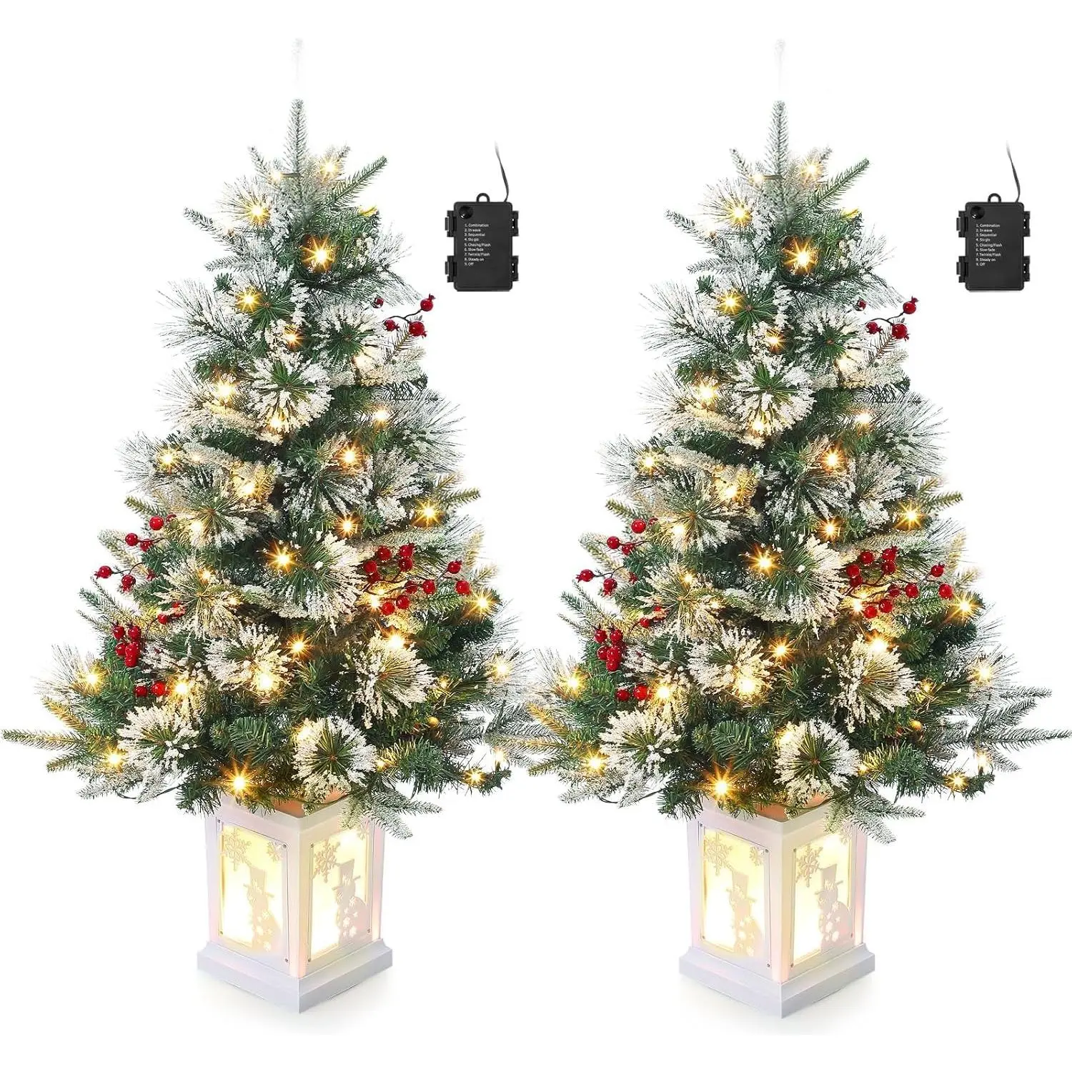 3 Ft Christmas Tree with Snowman Base,Artificial Christmas Tree with 78 Led Lights, Red Berry Decorations, 8-Mode Battery Box, Holiday Ready(2pcs) Faux Gift