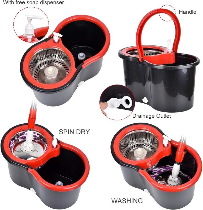 Mop Bucket Set with 360° Spin Mop and Bucket System 3 Microfiber Heads 61In Adjustable Handle for Shop Floor Cleaning