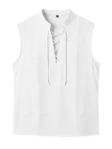 Men's Beach Vibes Linen Vest, Sleeveless Polo Neck Drawstring Top, Loose Fit Breathable Tank Top Casual Wear for Daily Commute & Vacation