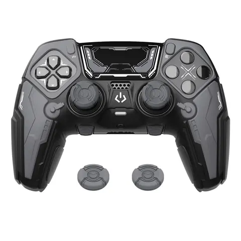 PlayVital Stellar Mecha Silicone Case for PS5 Edge Controller, Anti-Slip Grip Protector with Joystick Cap & Sticker - Black & Gunmetal Gray (Console Accessories for PS5 Edge Controller)