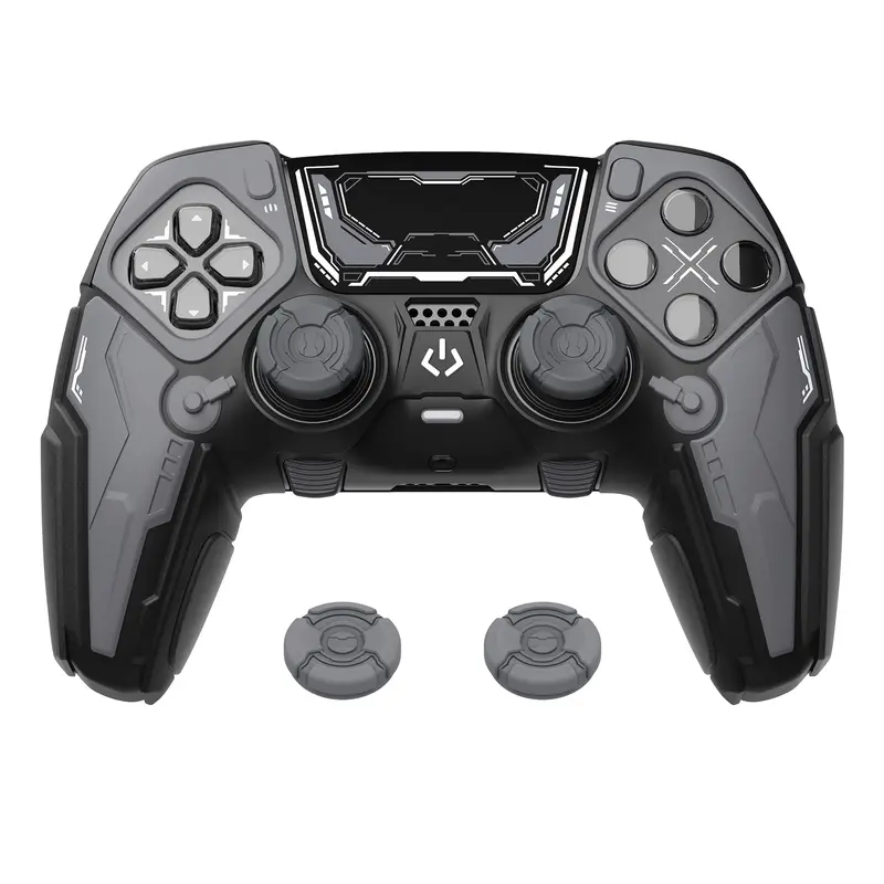PlayVital Stellar Mecha Silicone Case for PS5 Edge Controller, Anti-Slip Grip Protector with Joystick Cap & Sticker - Black & Gunmetal Gray (Console Accessories for PS5 Edge Controller)