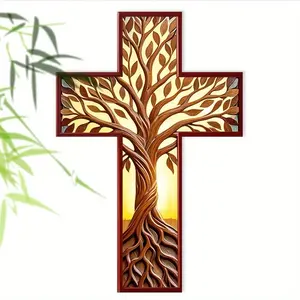 Vintage Life Tree Wooden Cross Wall Art, Farmhouse Style 20.32x30.48 Cm Hanging Decoration Ornaments, Indoor Outdoor Religious Decor