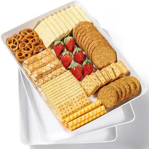3 Pack, 16" x 11" Large White Serving Trays Set -  Plastic Serving Platters for Cookie, Appetizer, Charcuterie, Snack, Dessert, Party  Display - Stackable Kitchen CounterTop Tray,