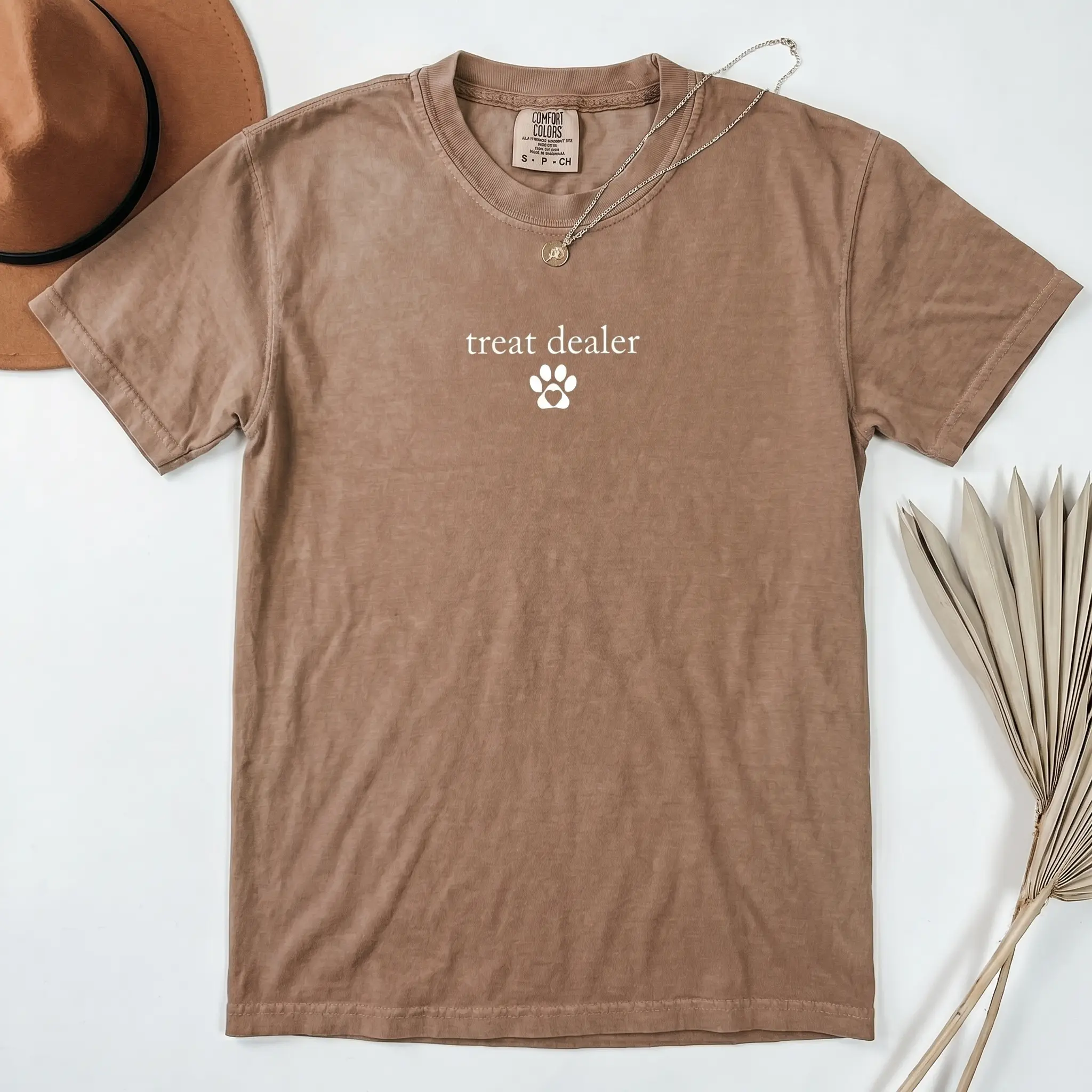 Comfort Colors Treat Dealer T-Shirt, a funny dog lover tee perfect as a gift for fur moms, animal lovers, and women who adore cute pets.