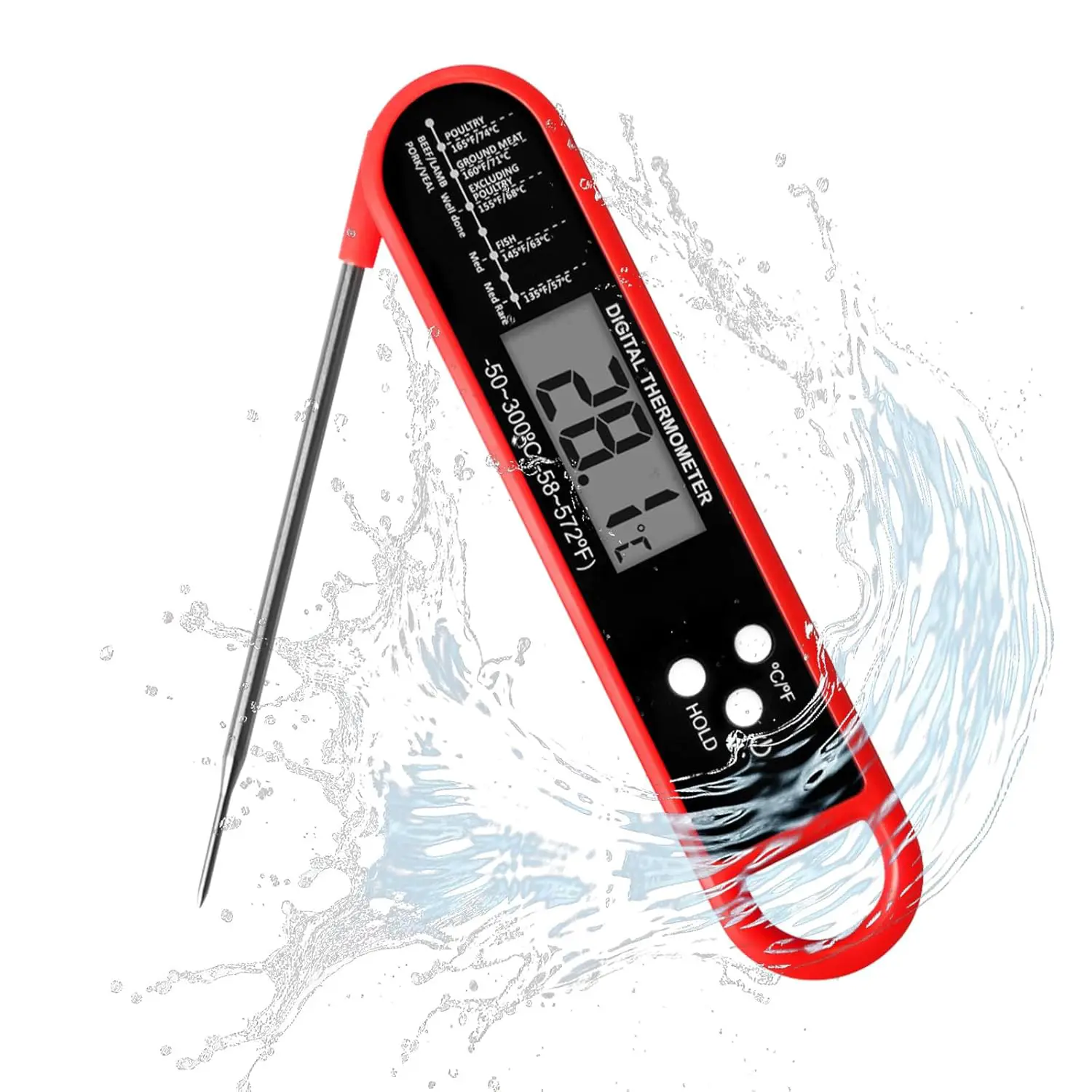 Meat Thermometer Digital for Grilling and Cooking -50°C to 300°C Waterproof Ultra-Fast Instant Read Food Thermometers with Backlight & Calibration for Kitchen Deep Fry BBQ Grill Red Black - Hanging