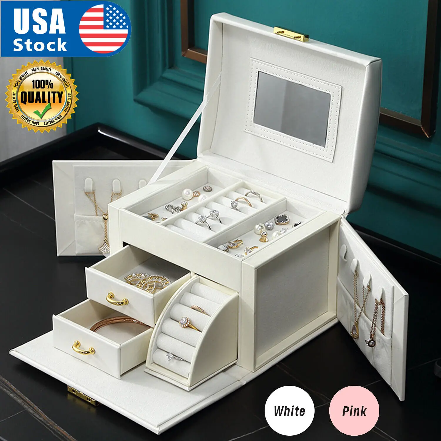 Large Jewelry Box Organizer Jewelry Organizer Ring Jewelry Box Case Storage Leather Velvet