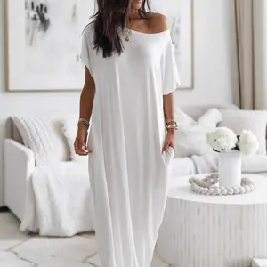 Women's Off The Shoulder Maxi Dress Loose Fit Boat Neck Casual Long Sun Dresses with Side Pockets